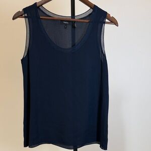 Theory Navy Blue 100% Silk Sleeveless Tank with Mesh Trim – Size S